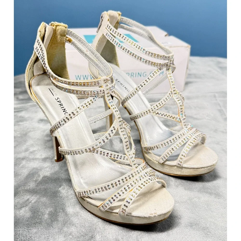 Call It Spring Chloe Sandals Womens 6 Ivory Rhinestone Strappy Heels